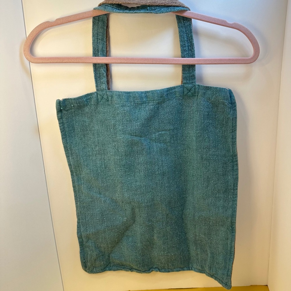Reversible Boho Jute Tote Bag Brown‎ Teal Blue Temple Bell Block Print Artisanal - Picture 3 of 6